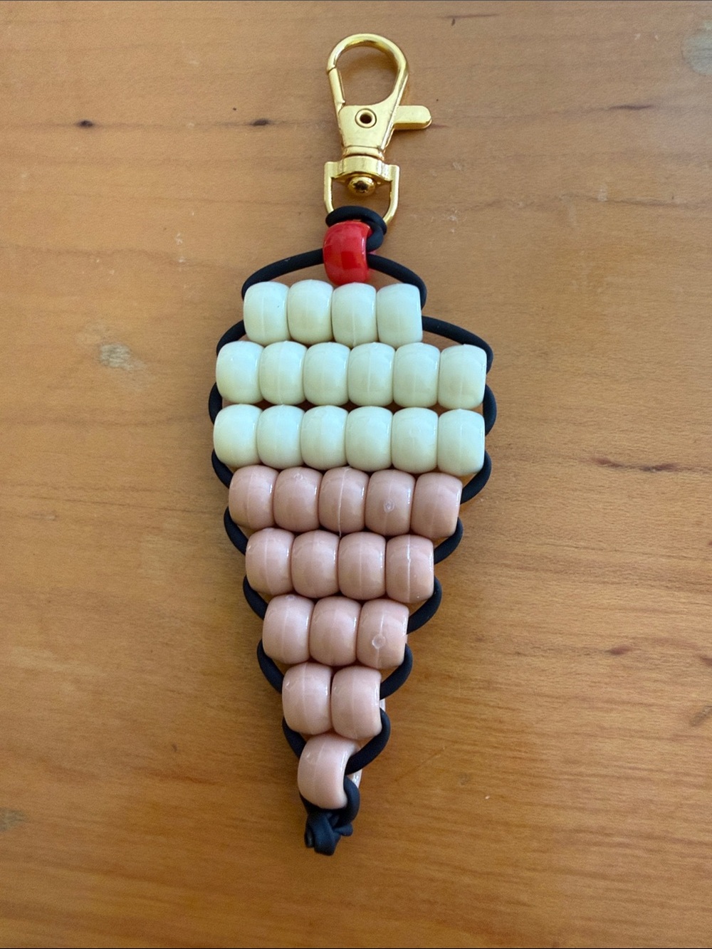 Handmade Beaded Ice Cream Cone Keychain - Cream & Peach